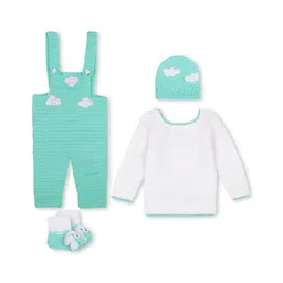 Windrop Solutions Full Sleeves Solid Crocheted Sweater With Coordinating Dungaree Cap & Booties Set - White & Blue-image-12