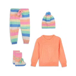 Windrop Solutions Full Sleeves Solid Crocheted Sweater With Coordinating Self Designed Pajama Cap & Booties Set - Multi Colour-image-0
