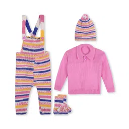 Windrop Solutions Full Sleeves Solid Crocheted Sweater With Coordinating Striped Dungaree Cap & Booties Set - Pink-image-11