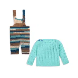 Windrop Solutions Full Sleeves Solid Crotcheted Sweater With Self Designed Dungaree Set - Green-image-26