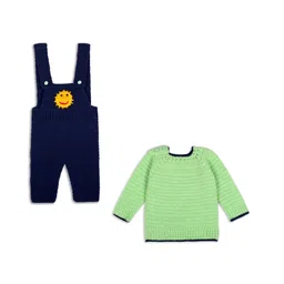 Windrop Solutions Full Sleeves Solid Crotcheted Sweater With Sun Designed Dungaree Set - Green & Blue-image-27