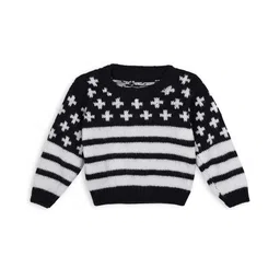 Windrop Solutions Full Sleeves Striped & Self Designed Crocheted Sweater - Black-image-4