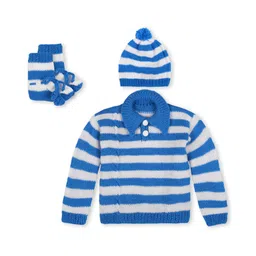 Windrop Solutions Full Sleeves Striped Crocheted Coordinating Sweater With Cap & Booties Set - Blue-image-36