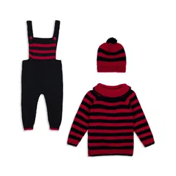 Windrop Solutions Full Sleeves Striped Crocheted Sweater With Coordinating Dungaree & Cap Set - Red-image-5