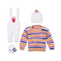 Windrop Solutions Full Sleeves Striped Crocheted Sweater With Coordinating Dungaree Cap & Booties Set - Multi Colour-picture-28