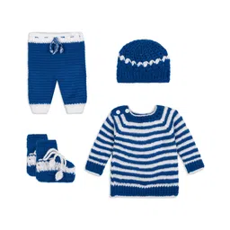 Windrop Solutions Full Sleeves Striped Crocheted Sweater With Coordinating Pajama Cap & Booties Set - Blue-image-46