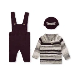 Windrop Solutions Full Sleeves Striped Crocheted Sweater With Coordinating Soild Dungaree & Cap Set - Multi Colour-image-28