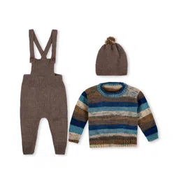 Windrop Solutions Full Sleeves Striped Crocheted Sweater With Solid Coordinating Dungaree & Cap Set - Multi Colour-image-17