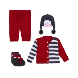 Windrop Solutions Full Sleeves Striped Crocheted Sweater With Solid Pajama Face Designed Cap & Booties Set - Red-image-15