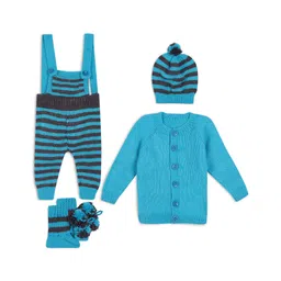 Windrop Solutions Wool Full Sleeves Crochet Solid Sweater With Striped Dungaree & Coordinating Cap & Booties - Blue-image-31