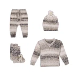 Windrop Solutions Wool Full Sleeves Crochet Striped Sweater With Coordinating Pajama Cap & Booties Set - Multi Colour-picture-28