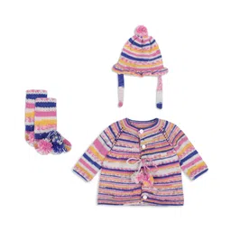 Windrop Solutions Wool Full Sleeves Crocheted Striped Sweater With Cap & Booties - Multi Colour-image-7