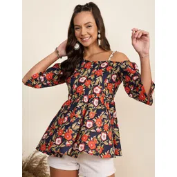 WineRed Floral Print Cold-Shoulder Sleeves Pure Cotton A-Line Top-picture-18
