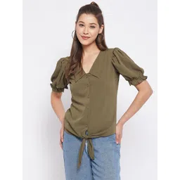 WineRed Olive Green Crepe Solid Shirt Style Top-picture-29