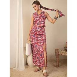 WineRed Printed Pure Cotton V-Neck Waistcoat With Skirt-picture-32