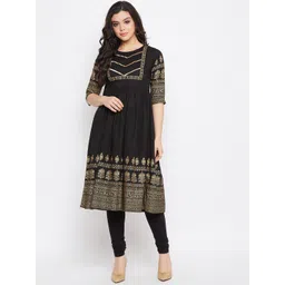 WineRed Women Black Floral Print Cotton Flared Kurta-picture-31