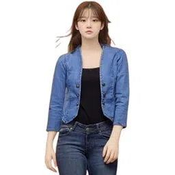 Wingzss Women's Denim Cropped Jacket, 3/4 Sleeve, Button Front, Blue-picture-14