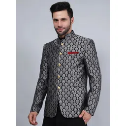 Wintage Geometric Printed Mandarin Collar Satin Bandhgala Blazers-picture-32