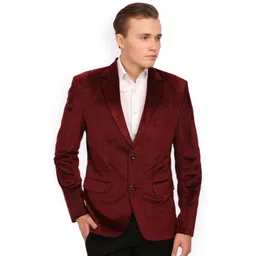 Wintage Maroon Single-Breasted Cotton Velvet Tailored Fit Party Blazer-image-49