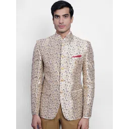 Wintage Men Beige & Blue Printed Banarasi Bandhgala Blazer-picture-37