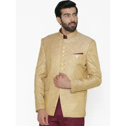 Wintage Men Beige Self-Design Tailored Fit Bandhgala Blazer-picture-28