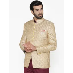 Wintage Men Beige Self-Design Tailored Fit Bandhgala Blazer-picture-35