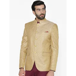 Wintage Men Beige Self-Design Tailored Fit Bandhgala Blazer-picture-32