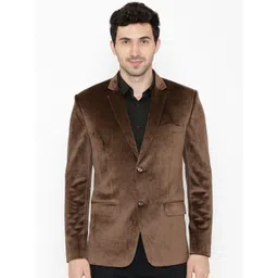 WINTAGE Men Brown Solid Single-Breasted Velvet Blazer-picture-39