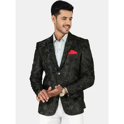 Wintage Men Green Embroidered Velvet Single-Breasted Blazer-image-18