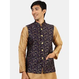 Wintage Men Navy-Blue & Gold-Colored Woven-Design Nehru Jacket-picture-39