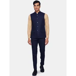 Wintage Men Navy Blue Solid Linen Bandhgala Formal Suit-picture-22