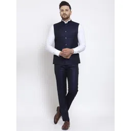 Wintage Men Navy Blue Solid Single-Breasted Bandhgala Formal Two-Piece Suit-picture-17
