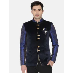 Wintage Men Navy Blue Velvet Bandhgala Blazer-picture-29