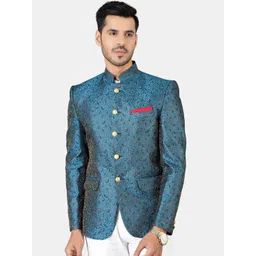 Wintage Men Teal Green Banarasi Bandhgala Blazer-picture-25