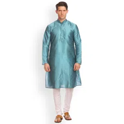 Wintage Men Teal Solid Straight Banarasi Kurta-picture-25