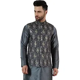 wintage Men's Digital Print Cotton Silk Brown Modi Nehru Jacket-picture-47