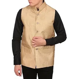wintage Men's Golden Muga Silk Grandad Collar Festive Golden Nehru Jacket Vest Waistcoat-picture-18