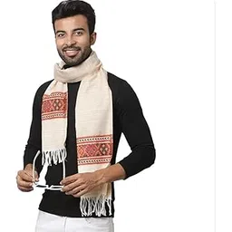 Winter Muffler Scarf with Traditional Border Design, Cream Colour, Tasselled-picture-50