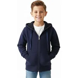 Winter Sherpa Lined Navy Blue Zip-Up Hoodie, Cotton Blend, Full Length Zipper, Kangaroo Pockets, Casual Style, Autumn Wear, Kids Unisex-picture-58
