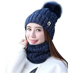 Winter Soft Warm 1 Set Snow Proof Ball Cap (Inside Fur) Woolen Beanie Cap with Scarf for Women Girl (Freesize,Blue)-(Pack of 02)-picture-15