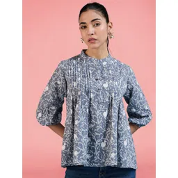 Winza Designer Women Cotton Floral Printed Mandarin Collar Puff Sleeve Top-picture-12