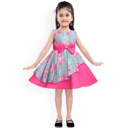 Wish Karo Baby Girl's Grey & Pink Floral Satin Frock Dress-picture-13