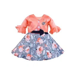 Wish Karo Girls Grey & Peach-Coloured Floral Printed Fit & Flare Dress With Jacket-picture-24