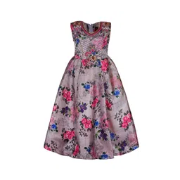 Wish Karo Girls Grey & Pink Printed Satin Finish Fit and Flare Dress-picture-14