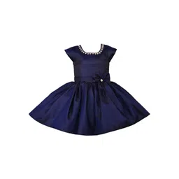Wish Karo Girls Navy Blue Solid Silk Fit and Flare Dress-picture-27