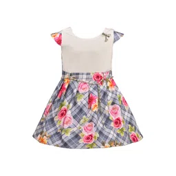 Wish Karo Girls Off-White & Grey Floral Silk Satin Finish Fit & Flare Dress with Belt-picture-19