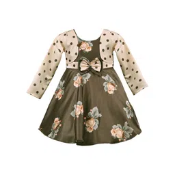 Wish Karo Girls Olive Green & Beige Floral Printed Silk Satin Finish Fit and Flare Dress-picture-24