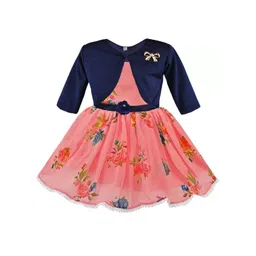 Wish Karo Girls Peach & Blue Floral Printed Fit & Flare Georgette Dress With Jacket-picture-42
