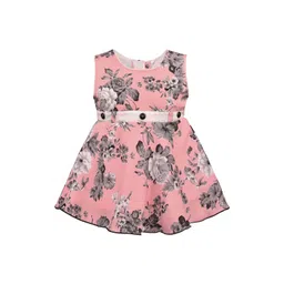 Wish Karo Girls Pink & Grey Floral Print Silk Satin Finish Fit & Flare Dress-picture-11