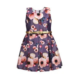 Wish Karo Girls Purple & Peach-Coloured Floral Print Silk Satin A-Line Dress with Belt-picture-31